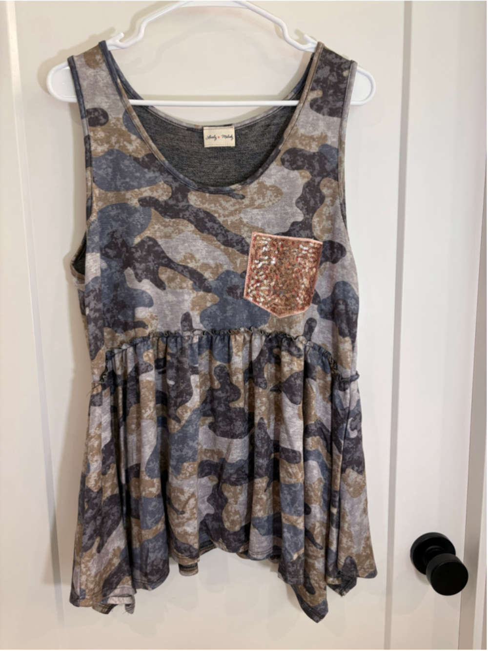 Lovely Melody Camo Sequin Pocket Peplum Tank Top NWOT Size L